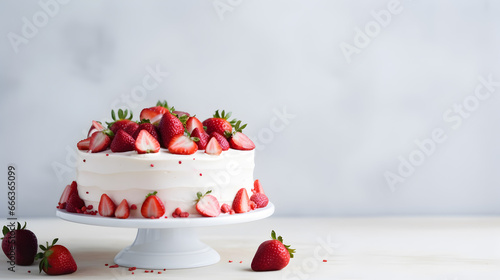 Strawberry birthday cake on white background photo