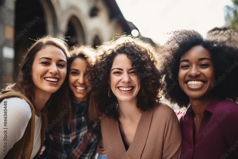 Obraz premium The portrait of a group of the happy and smiling multicultural young women shot together in the city, on a train. Generative AI.