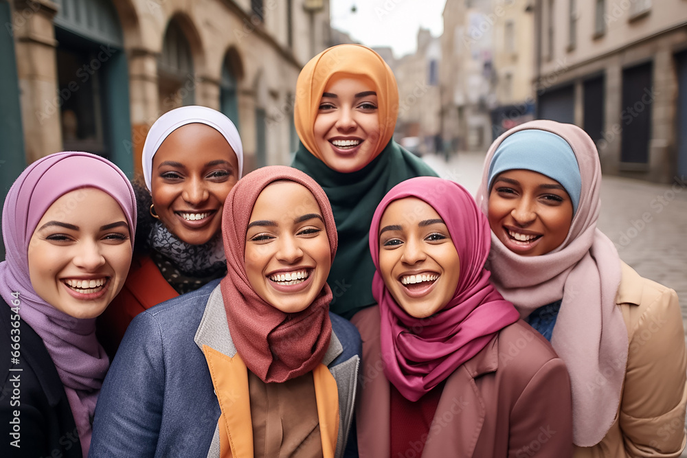 The portrait of a group of the happy and smiling multicultural young women shot together in the city, on a train. Generative AI.