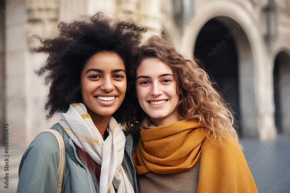 The portrait of a group of the happy and smiling multicultural young women shot together in the city, on a train. Generative AI. The portrait of a group of the happy and smiling multicultural young women shot together in the city, on a train. Generative AI.