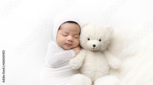Baby sleeping with teddy bear on white background © kimly