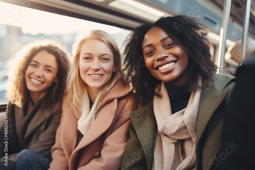 The portrait of a group of the happy and smiling multicultural young women shot together in the city, on a train. Generative AI.