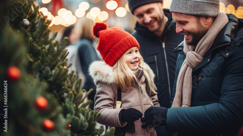 Happy family of LGBT gay couples with children and parents choose a New Year tree at the Christmas tree market. Merry Christmas and Merry New Year concept.