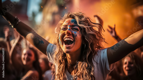 crowded group of young people dancing cheering and celebrating on a summer festival outside in the day time. laughig screaming and being happy and having fun. holi fest colorful splashes.Generative A