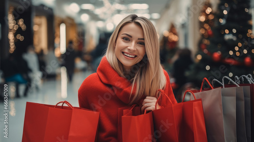 Smiling woman with Christmas gifts in shopping bags at the mall. Christmas sale concept