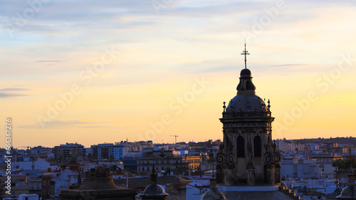 Panorama view of  the Seville Cathedral (Catedral de Santa Maria de la Sede de Sevilla) view from the observation platformcity skyline with sunset view © SASITHORN
