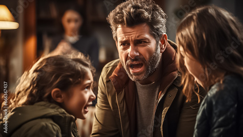 Angry screaming child with desperate parents.Stressed exhausted mother and father feeling desperate about screaming stubborn kid tantrum, upset annoyed parents tired of naughty difficult