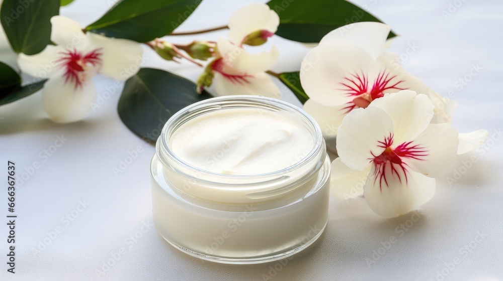 whitening and moisturizing Face cream in an open glass jar and flowers on white background. Set for spa, skin care and body products and solutions for skin problems such as scars, acne, wrinkles. whitening and moisturizing Face cream in an open glass jar and flowers on white background. Set for spa, skin care and body products and solutions for skin problems such as scars, acne, wrinkles.