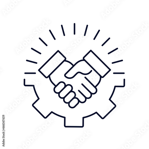  Commitment . Hand shake for deal contract, partnership, teamwork. Vector linear icon isolated on white background.