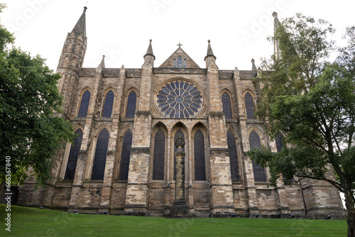 view of rose window at Durham Cathedral, from Bailey St., Durham, UK