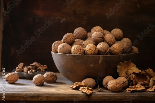 Walnut kernels and whole walnuts on wooden background, front view. Generative AI