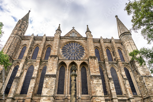 looking up at Durham Cathedral from The Bailey, Durham, UK