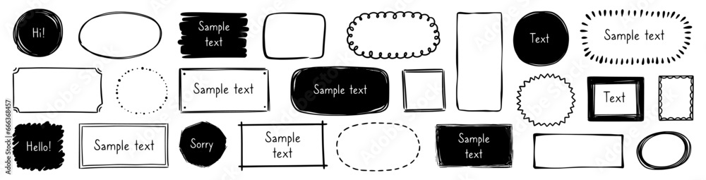 Hand drawn doodle frame set. Box, square, rectangle, circle shape brush pen line stroke scribble element. Hand drawn simple oval, square frame for text border. Vector illustration