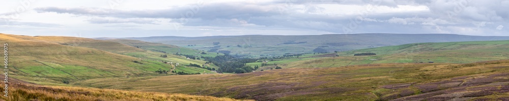 panoramic view of the heather moors of the North Pennines Area of Outstanding Natural Beauty (ANOB), near Stanhope, Durham, UK