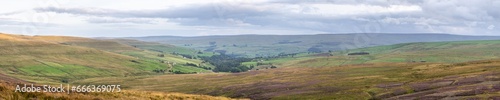 panoramic view of the heather moors of the North Pennines Area of Outstanding Natural Beauty (ANOB), near Stanhope, Durham, UK