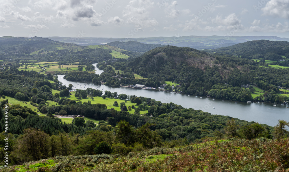 view of Lake Windermere towards Lakeside, from Gunner's How, Lake District, Cumbria, UK