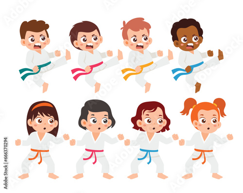 Set of Little Kid Boy Girl Training Karate Children with lovely boy with martial arts in different poses. Isolated Element Objects. Flat Style Icon Vector Illustration