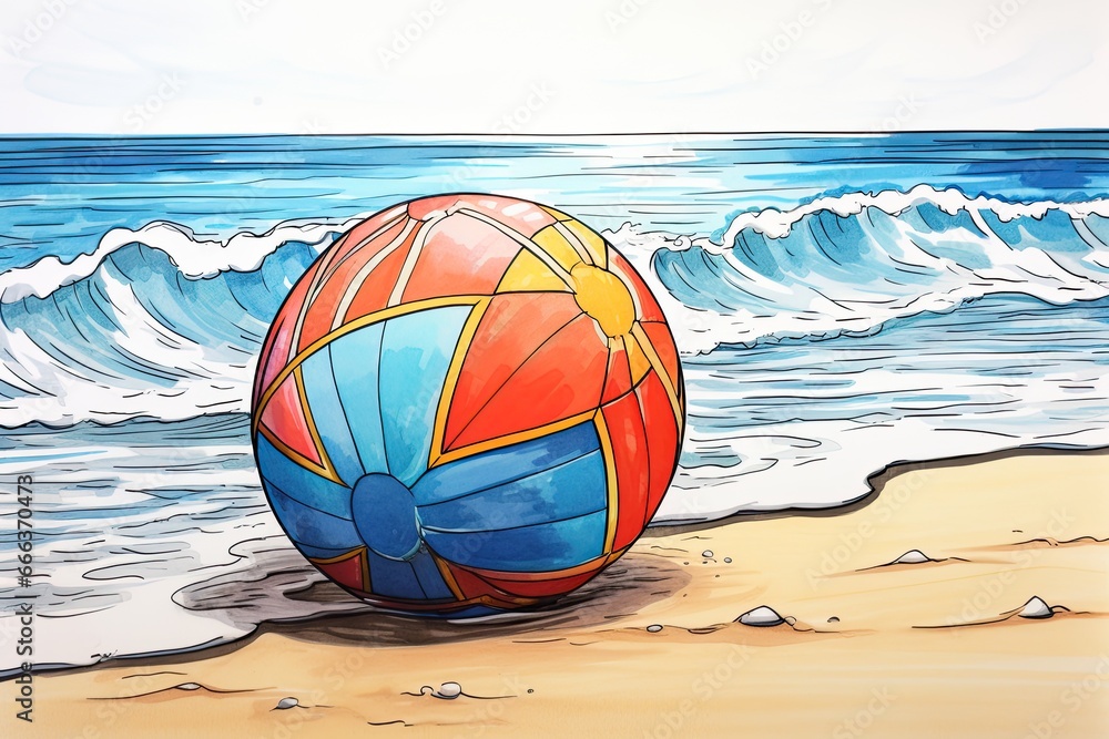 Beach Ball Drawing: Vibrant Illustration of Beach Summer Vacation Fun