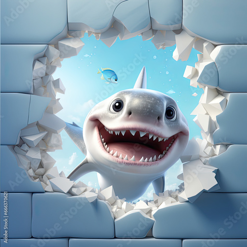shark  peeking out of a hole in wall  torn hole  empty copy space frame  mockup