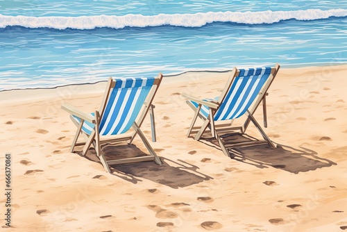Beach Chairs Drawing: Soft Wave of Blue Ocean on Sandy Beach Background - The Perfect Summer Retreat
