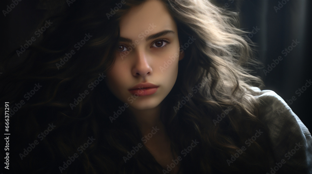 Closeup studio portrait of a young female model with dark hair and a solemn expression.