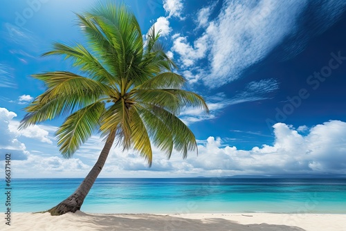 Beach Palm Tree  Palm Tree on Tropical Beach with Blue Sky and White Clouds Abstract Background
