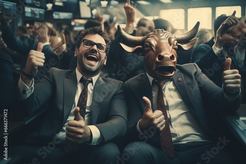Bull Market Rising Rocketing Surging Stock Market Happy Businessmen Traders Fund Managers Making Money Good Returns Thumbs Up Thrilled Excited Celebrating Investment Strategies Leveraging