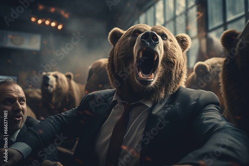 Bear Market Roaring Panicking Anxious Bearish Losing Money Going Bankrupt Bankruptcy Recession Financial Crisis Falling Crashing Plunging Slumping Dropping Stock Market Mental Health Problems