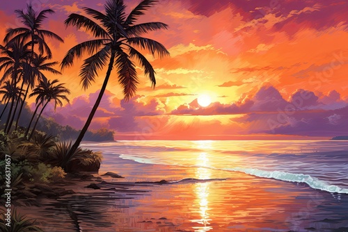Beach Scene: Stunning Palm Tree Beach Sunset Captured in a Breathtaking Image