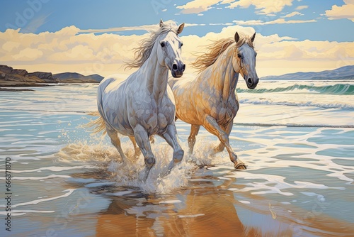 Beach Sea: Majestic Horses Running on the Sandy Shoreline