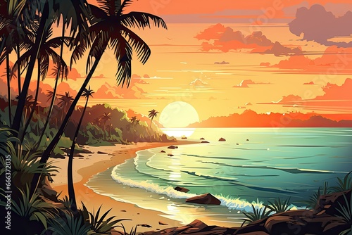Beach Sunset Drawing  Stunning Tropical Nature Landscape of Beautiful Beach and Sunny Sea View
