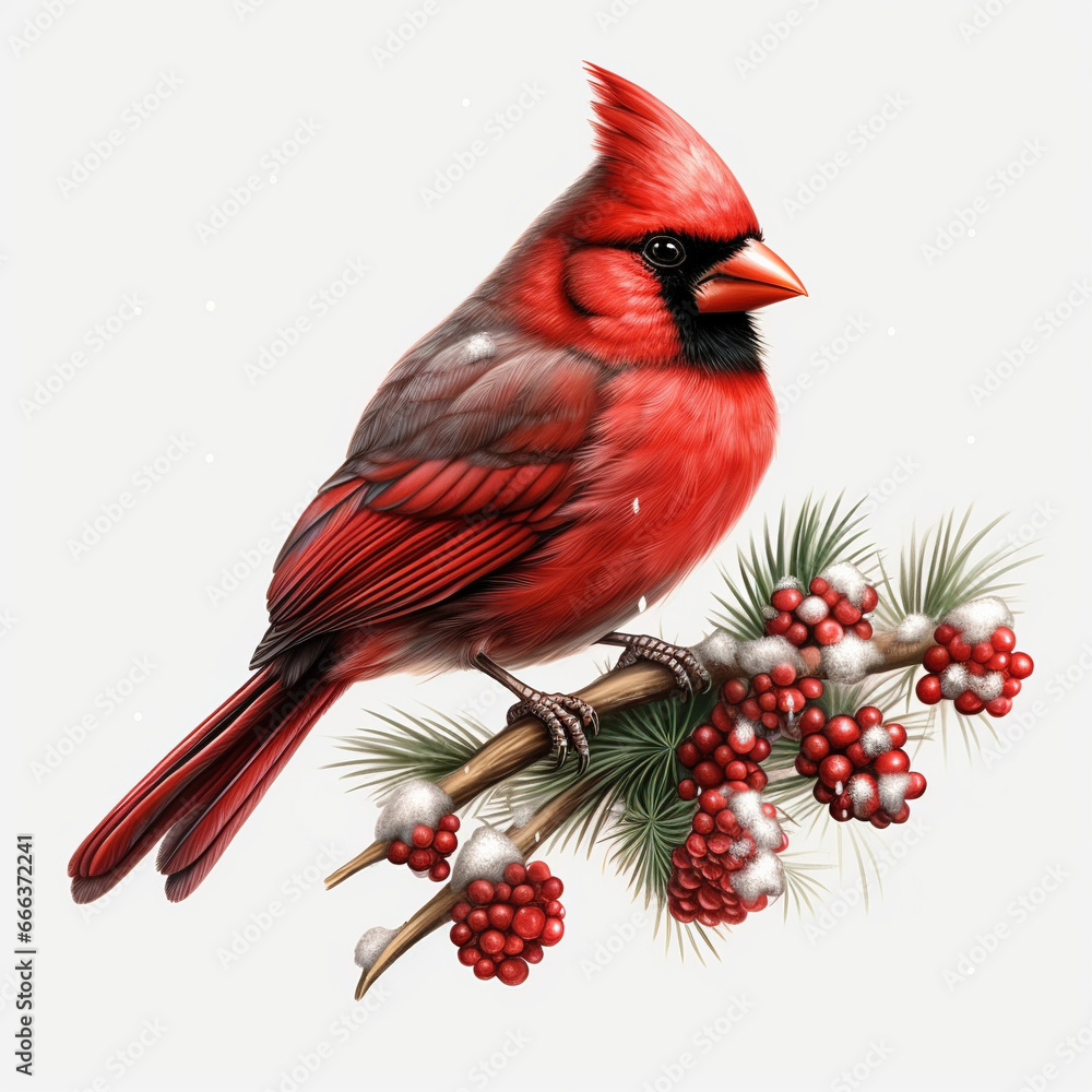 Majestic Winter Cardinal Bird with Holly Berry Isolated on White Background Majestic Winter Cardinal Bird with Holly Berry Isolated on White Background