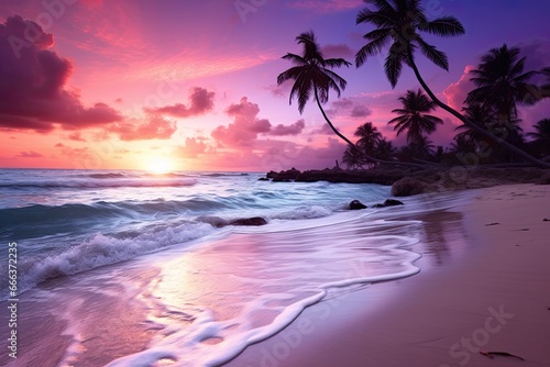 Purple Sunset Beach: Stunning Beach Theme Background Image for a Serene Seaside Experience