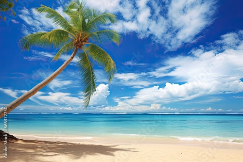 Beach Theme Background: Palm Tree on Tropical Beach with Blue Sky and White Clouds Abstract Background