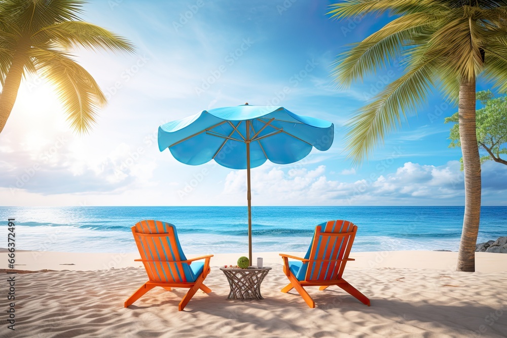 Beach With Palm Tree: Chairs and Umbrella on Beach - Relaxation and Serenity