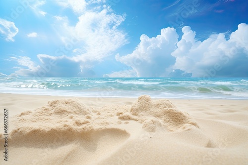 Beach with Shower: Closeup of Sand on Beach and Blue Summer Sky - Captivating Coastal Vistas for Your Perfect Summer Getaway