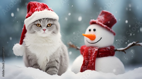 a cat wearing a santa hat and scarf is next to a snow sculpture