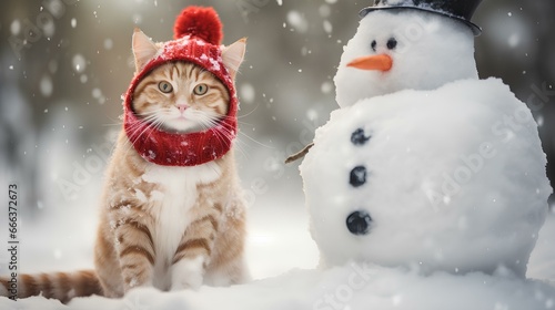 a cat wearing a santa hat and scarf is next to a snow sculpture