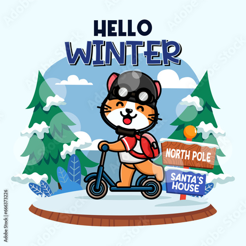 Cute cat ridding kick scooter in winter season
