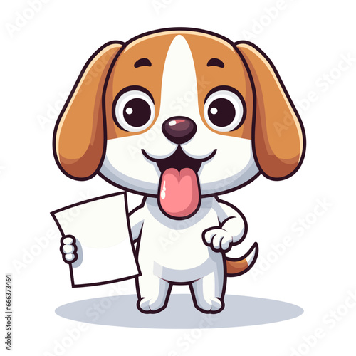 Beagle puppy holding a white paper, vector illustration.