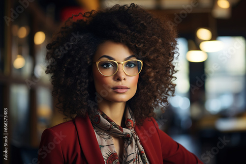 Stylish African American woman with glasses in loft interior indoors, portrait