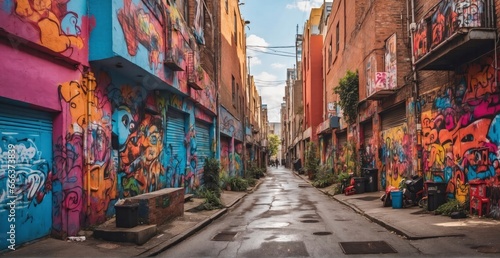 A vibrant urban alleyway filled with street art © Hashim