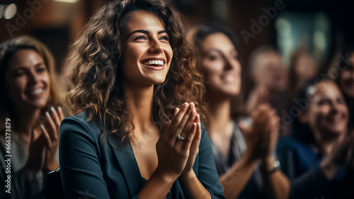 Happy audience applauding at a show or business seminar,theater performance listening and clapping at conference and presentation.Group of supporters,fans cheering excited applauding