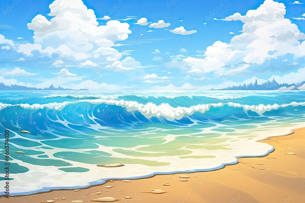 Cartoon Beach: Soft Wave of Blue Ocean on Sandy Beach Background - Vibrant Coastal Paradise