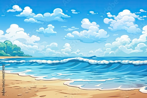 Cartoon Beach: Soft Wave of Blue Ocean on Sandy Beach Background - A Tropical Delight!