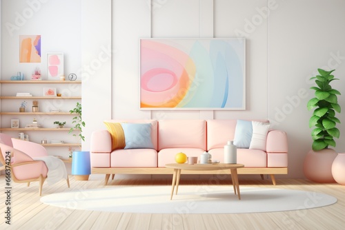 A living room design with sofa and couch on cartoon theme and with pastel color scheme