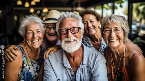 Happy group of senior people smiling at camera outdoors - Older friends taking selfie pic with smart mobile phone device - Life style concept with pensioners having fun together on summer holiday photo