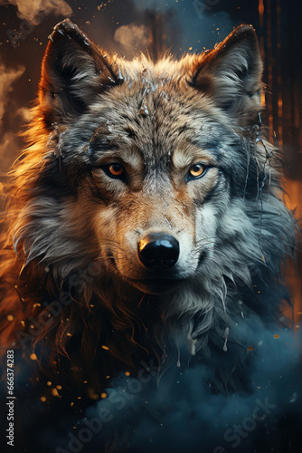 Illustration wolf portrait fire and smoke. Animal on a dark background. Generative AI