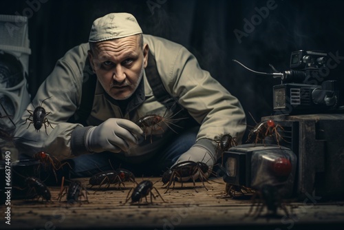 A pest control worker killing cockroaches