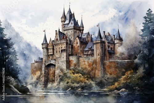 A castle depicted in a watercolor painting. Generative AI
